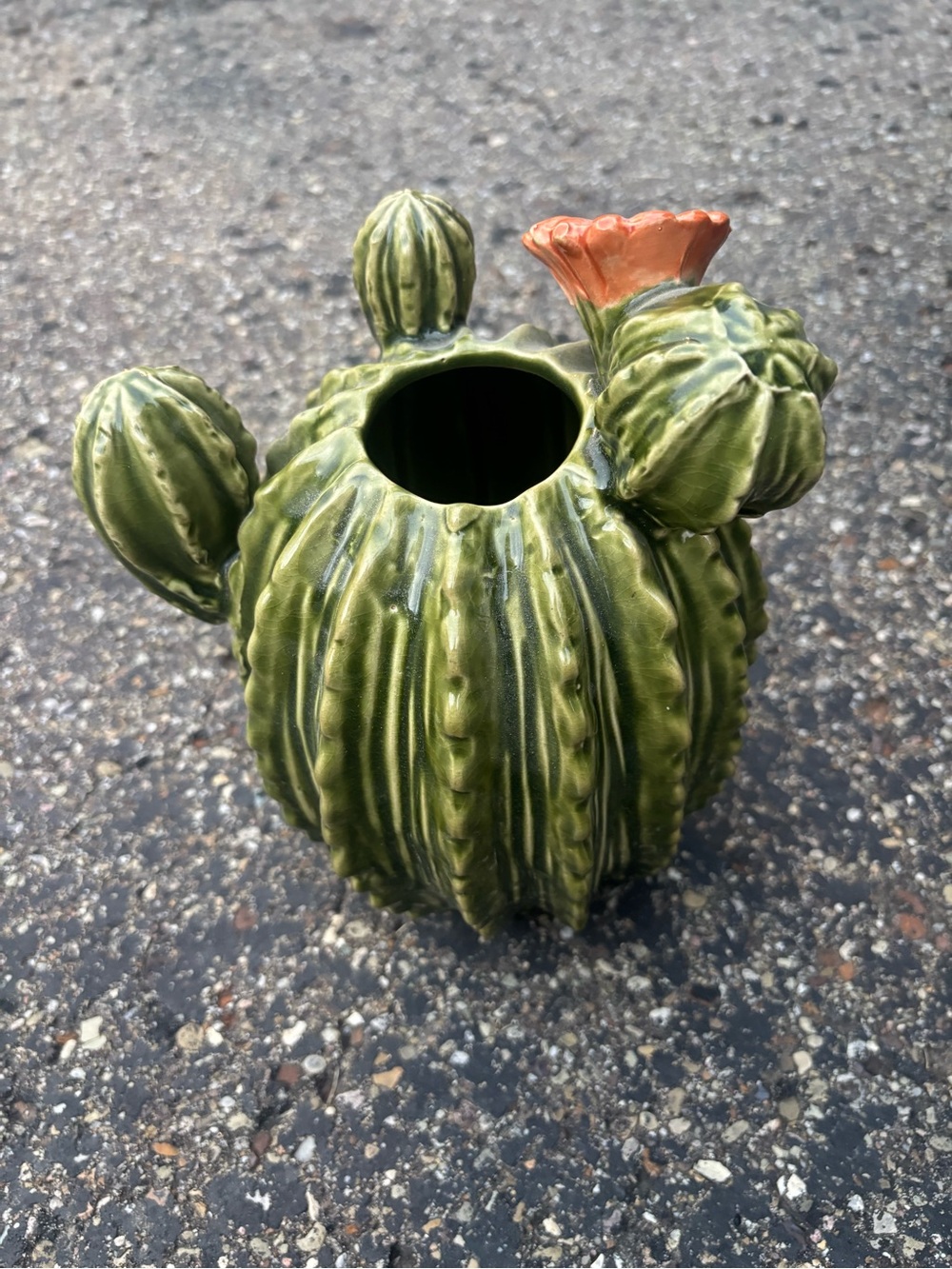 Green Ceramic Cactus Vase with Orange Bloom